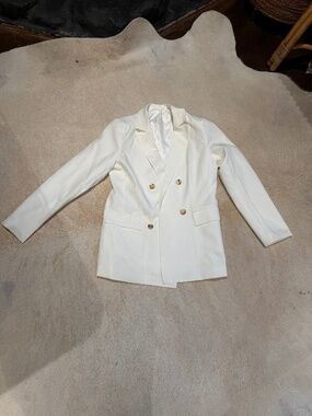 Women's Solid Color Casual Long Sleeve Lapel Button Blazer Jacket White Sz M